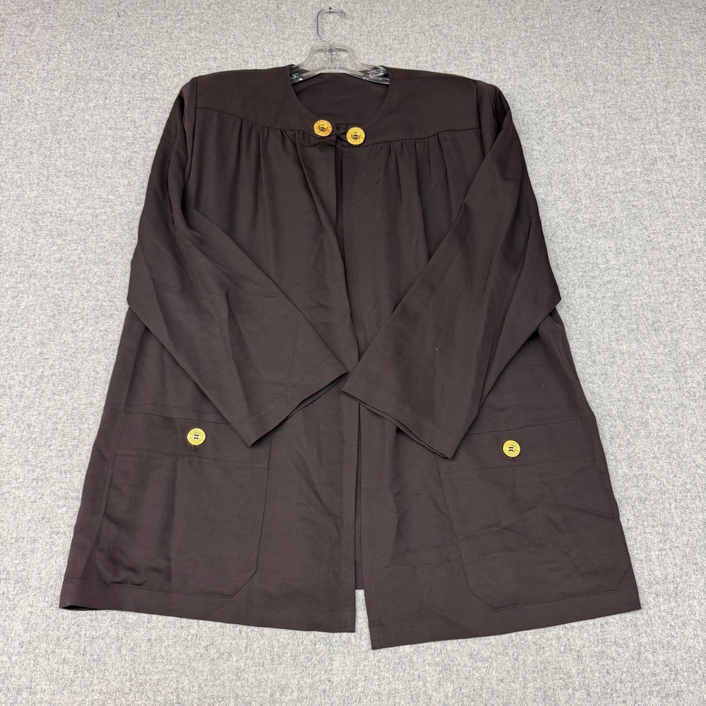 St. John Cardigan Jacket XL Brown Gold Logo Button Open Front Gathered Yoke Coat